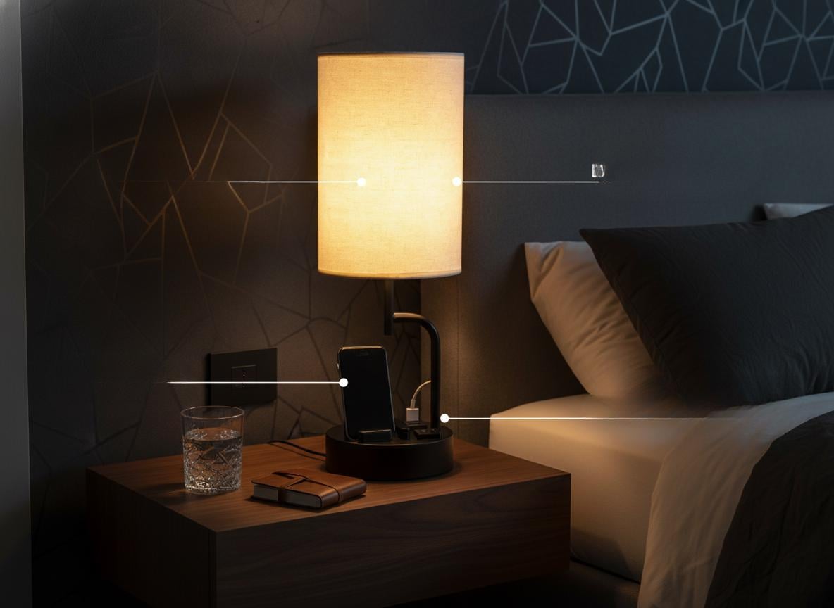 Modern Bedside Table Lamp with USB Ports, AC Outlet & Phone Holders