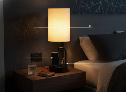 Modern Bedside Table Lamp with USB Ports, AC Outlet & Phone Holders
