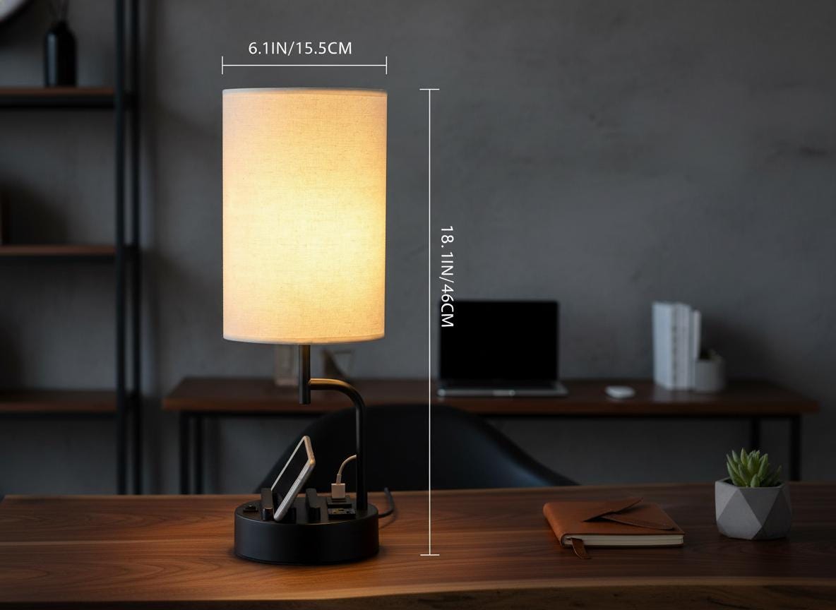 Modern Bedside Table Lamp with USB Ports, AC Outlet & Phone Holders