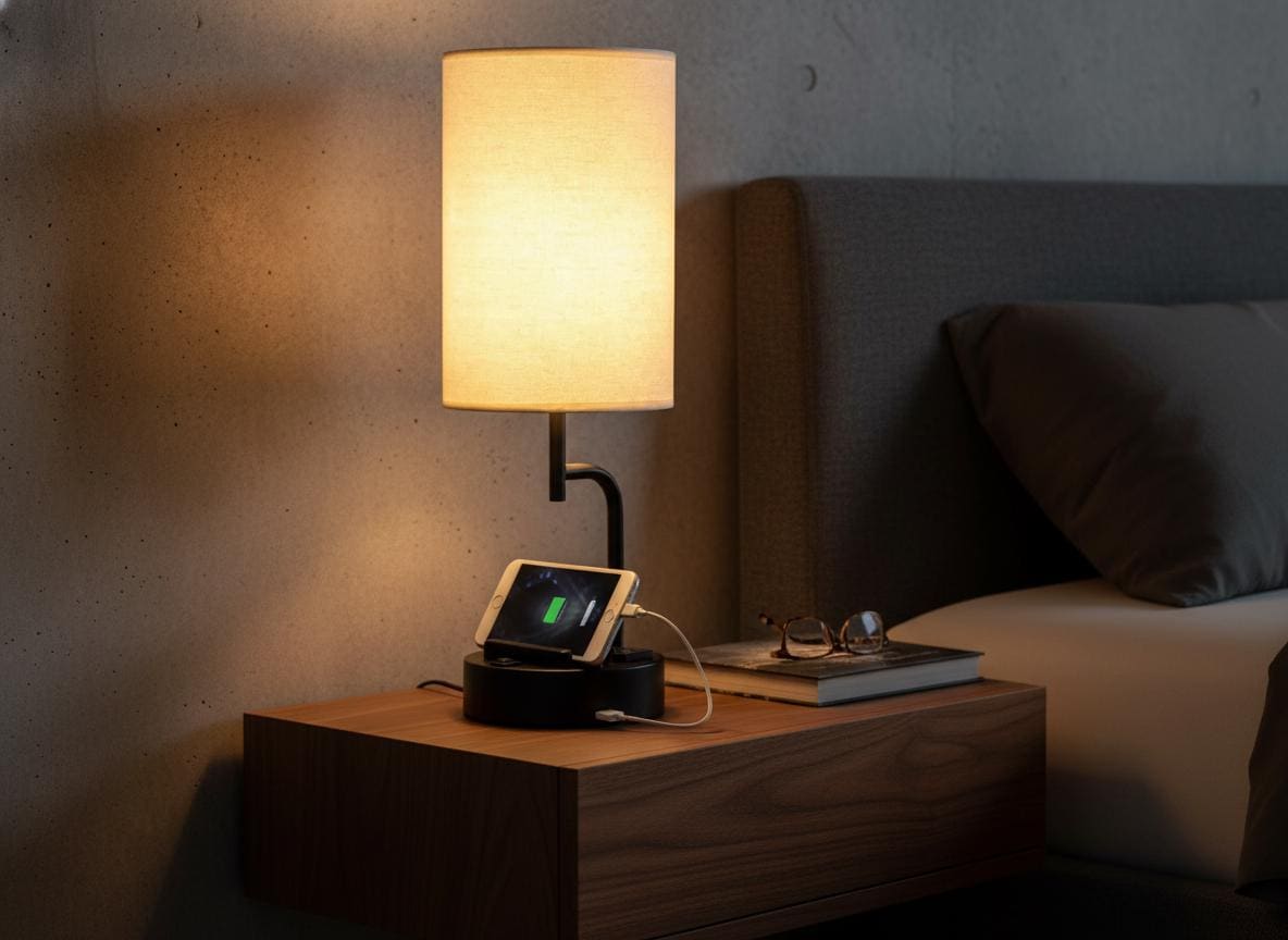 Modern Bedside Table Lamp with USB Ports, AC Outlet & Phone Holders