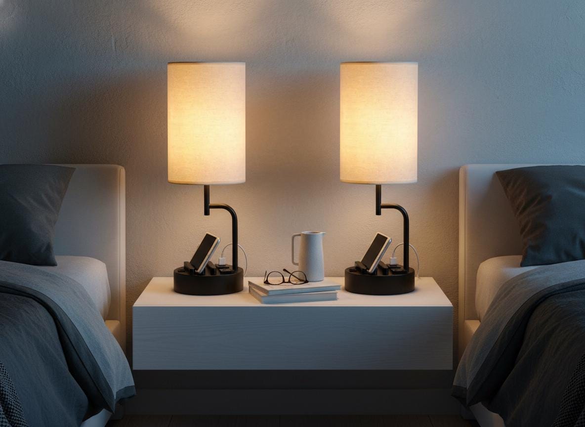 Modern Bedside Table Lamp Set with USB Ports, Phone Holders
