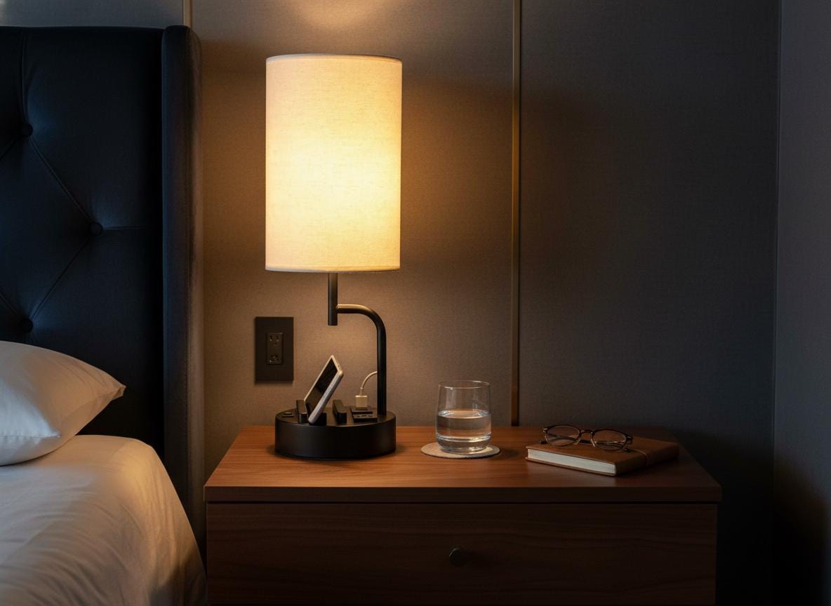 Modern Bedside Table Lamp with USB Ports, AC Outlet & Phone Holders