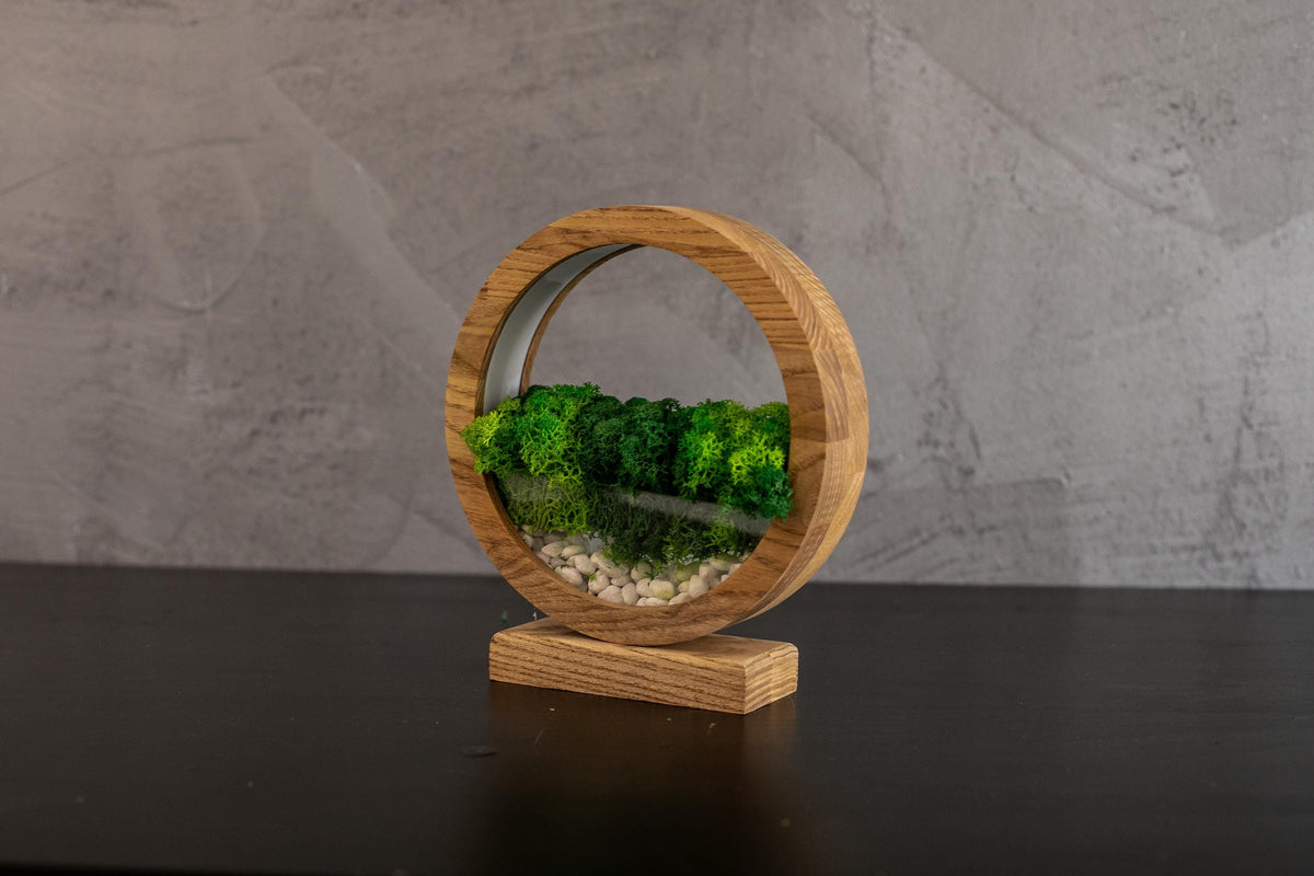 Round Wood Table Lamp with Preserved Moss |  Scandinavian Night Light | Biophilic Decor