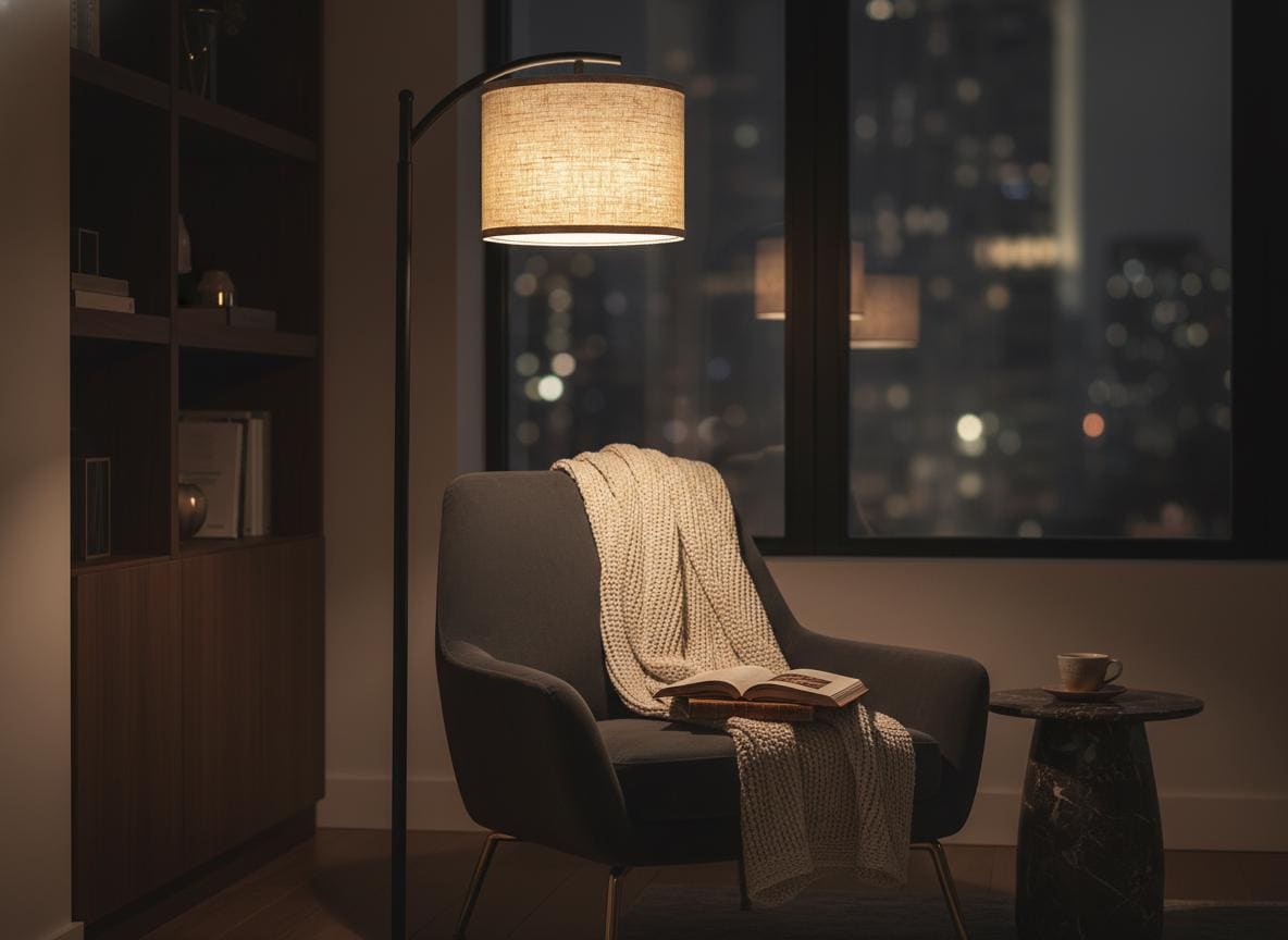 Modern Black Floor Lamp with Beige Linen Shade & 3-Color LED