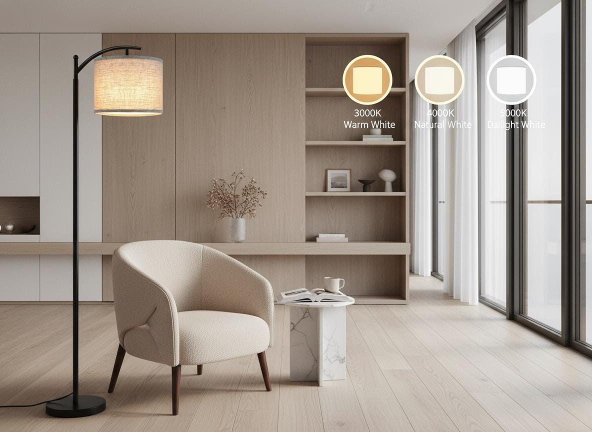Modern Black Floor Lamp with Beige Linen Shade & 3-Color LED