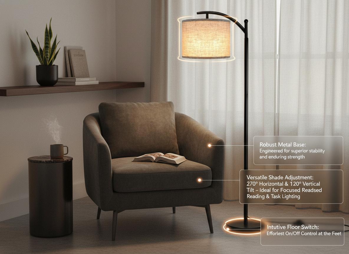 Modern Black Floor Lamp with Beige Linen Shade & 3-Color LED