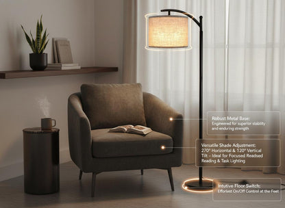 Modern Black Floor Lamp with Beige Linen Shade & 3-Color LED