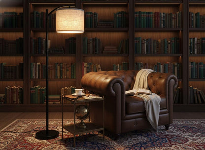 Modern Black Floor Lamp with Beige Linen Shade & 3-Color LED