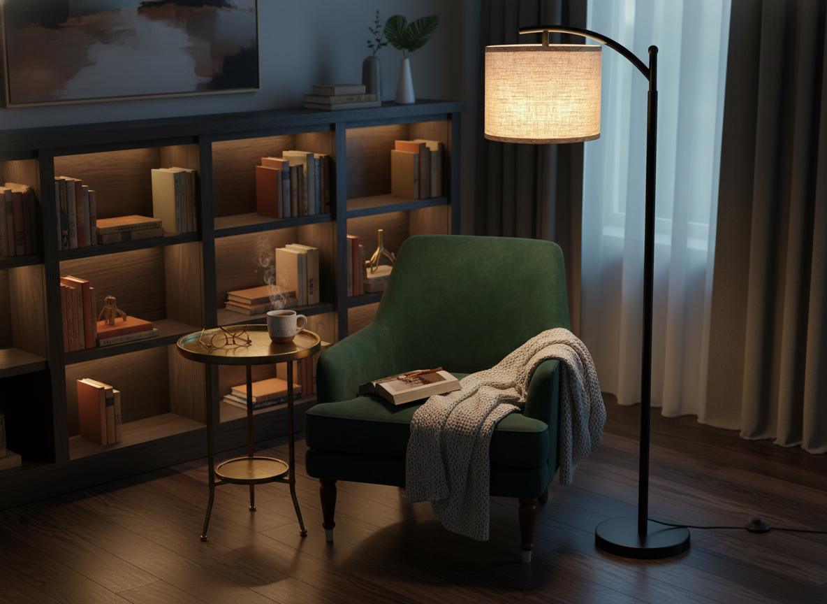 Modern Black Floor Lamp with Beige Linen Shade & 3-Color LED