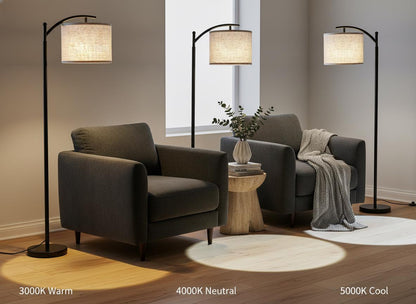 Modern Black Floor Lamp with Beige Linen Shade & 3-Color LED