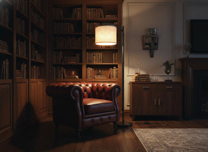 Modern Black Floor Lamp with Beige Linen Shade & 3-Color LED