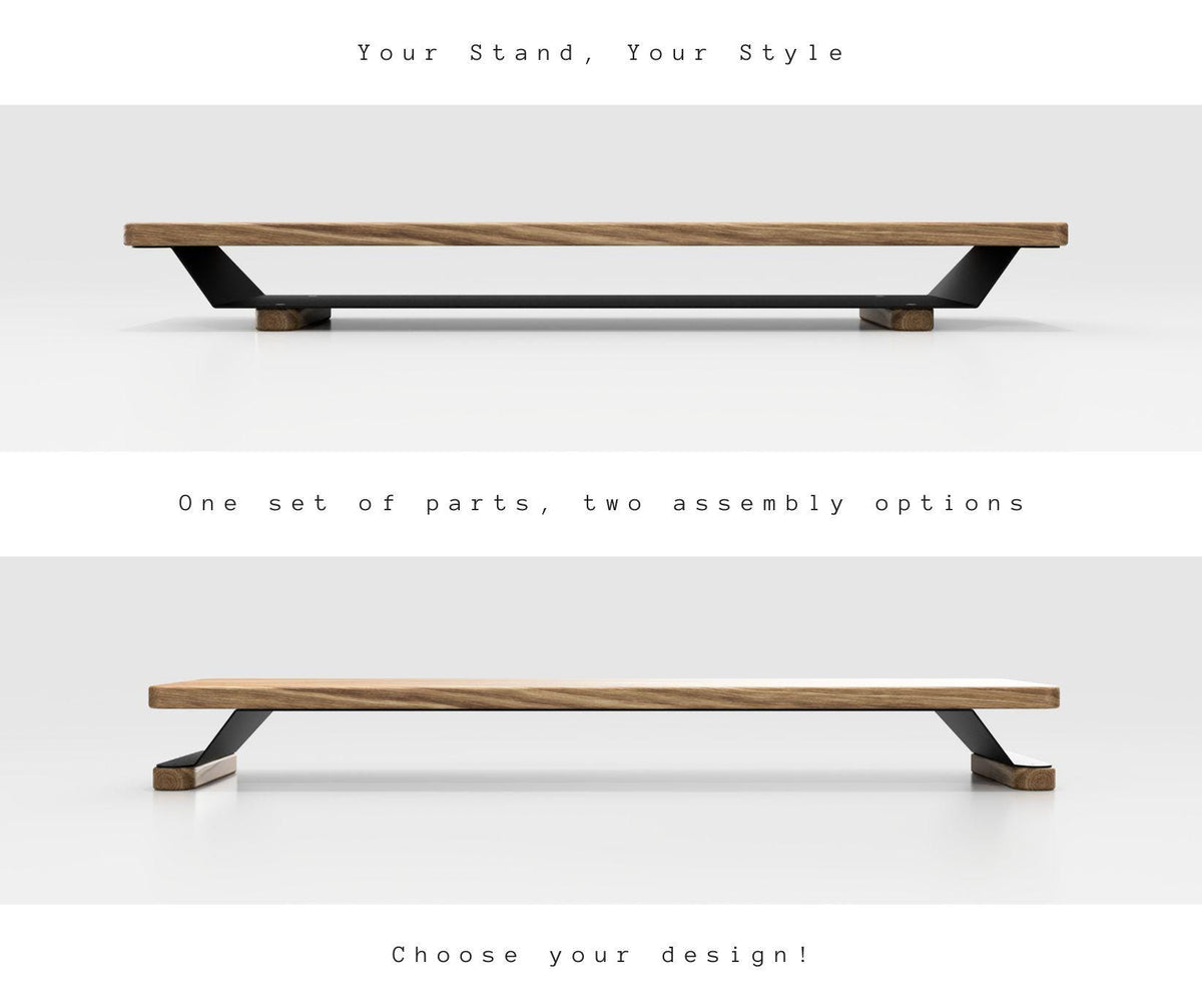 Solid Oak Monitor Stand Riser with Storage Shelf - Large Modern Desk Organizer - Black or White Base