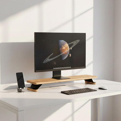 Solid Oak Monitor Stand Riser with Storage Shelf - Large Modern Desk Organizer - Black or White Base