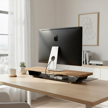 Solid Oak Monitor Stand Riser with Storage Shelf - Large Modern Desk Organizer - Black or White Base
