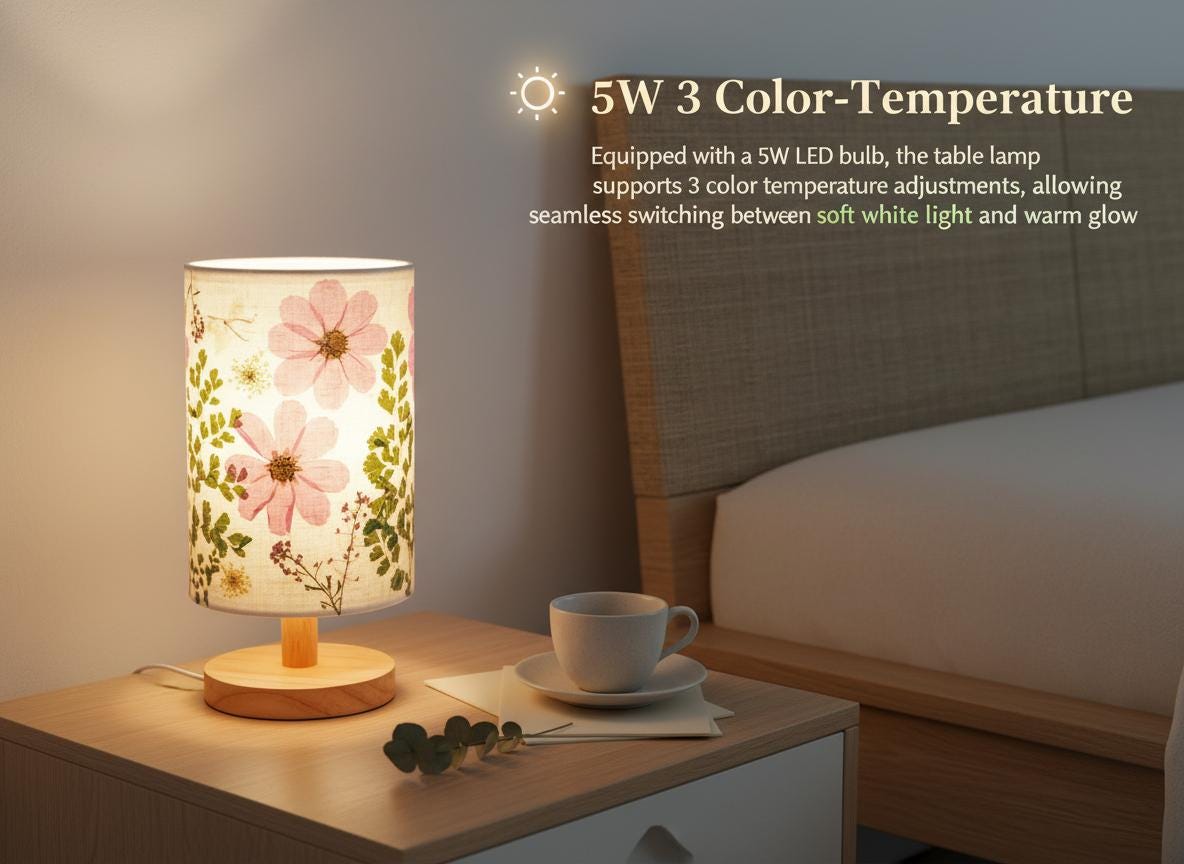 Pressed Flower Table Lamp with Wood Base & 3-Color LED