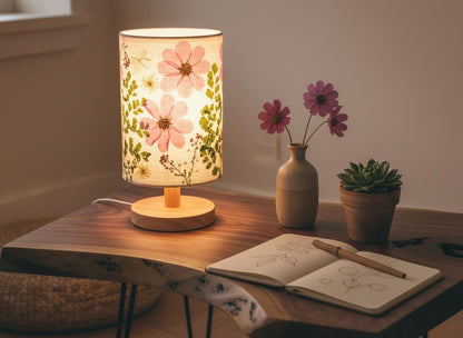 Pressed Flower Table Lamp with Wood Base & 3-Color LED