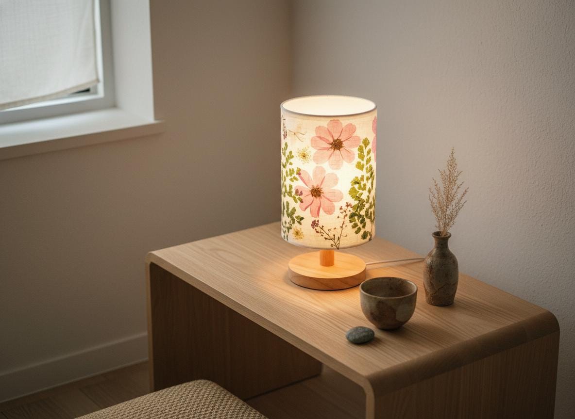 Pressed Flower Table Lamp with Wood Base & 3-Color LED