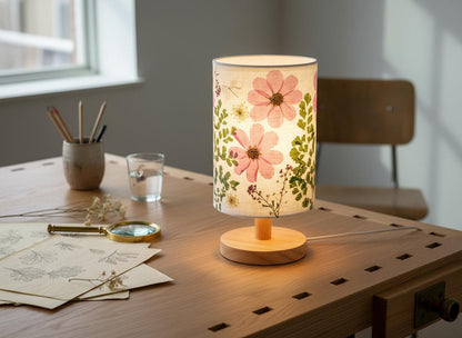 Pressed Flower Table Lamp with Wood Base & 3-Color LED