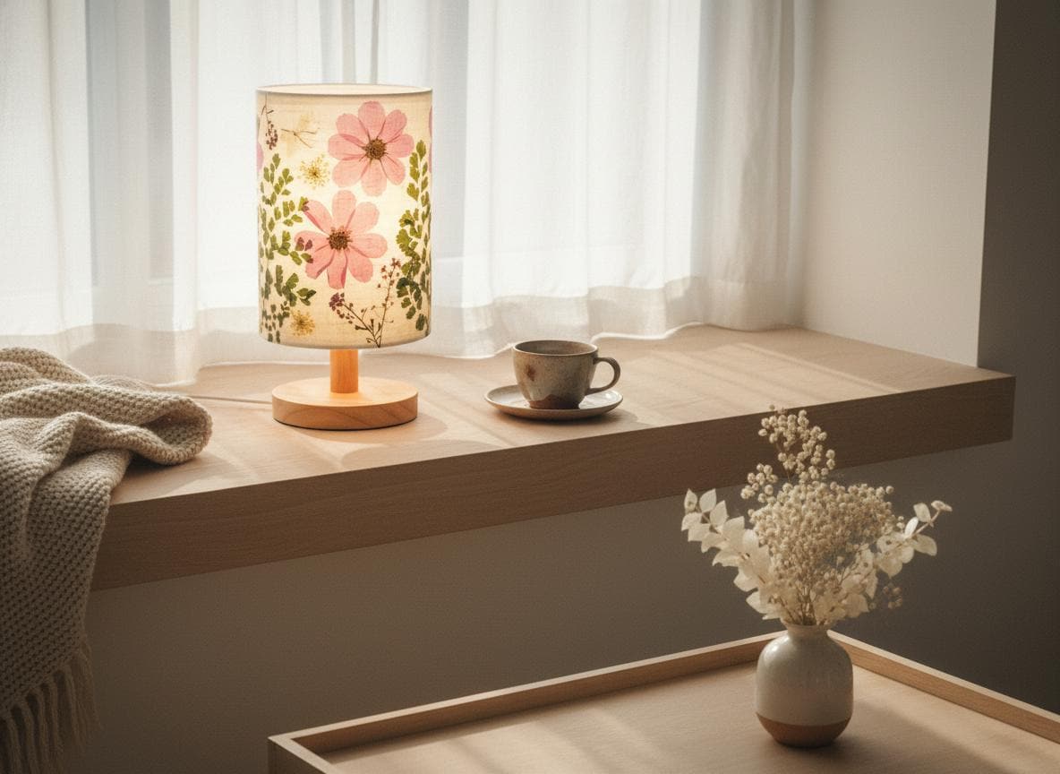 Pressed Flower Table Lamp with Wood Base & 3-Color LED