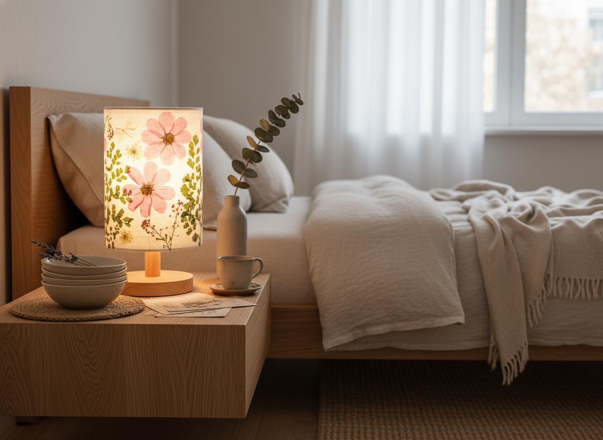 Pressed Flower Table Lamp with Wood Base & 3-Color LED