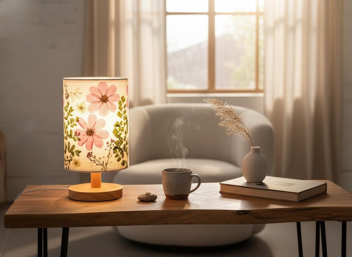Pressed Flower Table Lamp with Wood Base & 3-Color LED