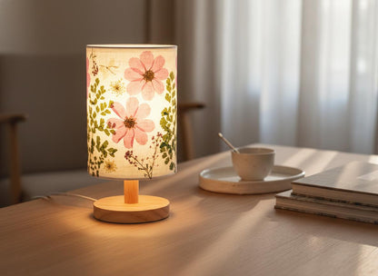 Pressed Flower Table Lamp with Wood Base & 3-Color LED