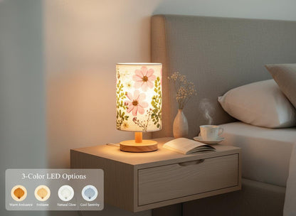 Pressed Flower Table Lamp with Wood Base & 3-Color LED