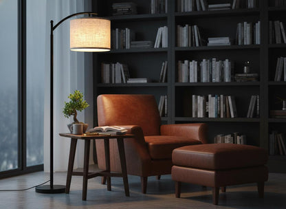 Modern Black Floor Lamp - Beige Linen Shade, Adjustable LED