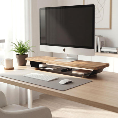 Solid Oak Monitor Stand Riser with Storage Shelf - Large Modern Desk Organizer - Black or White Base