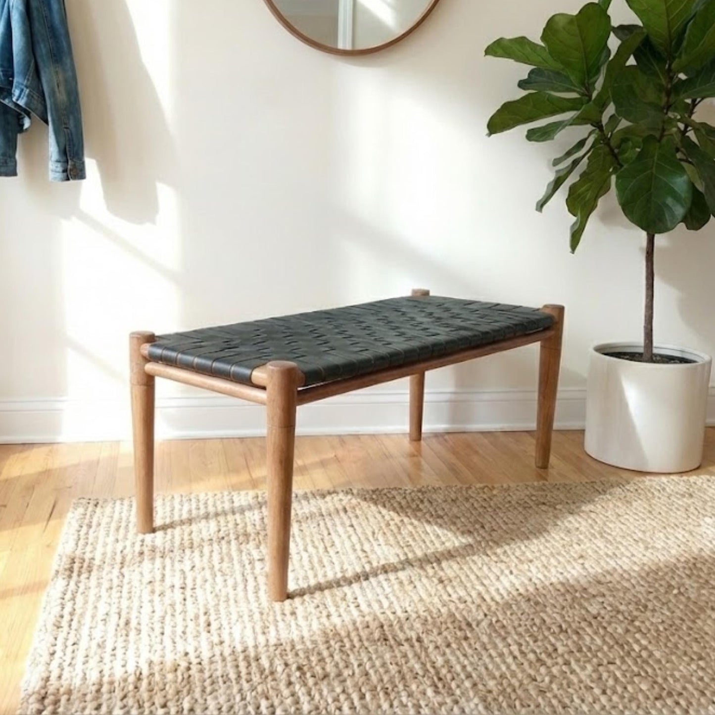 Solid Teak & Black Leather Bench for Entryway, End of Bed, Japandi Furniture