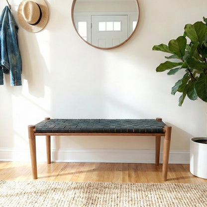 Solid Teak & Black Leather Bench for Entryway, End of Bed, Japandi Furniture