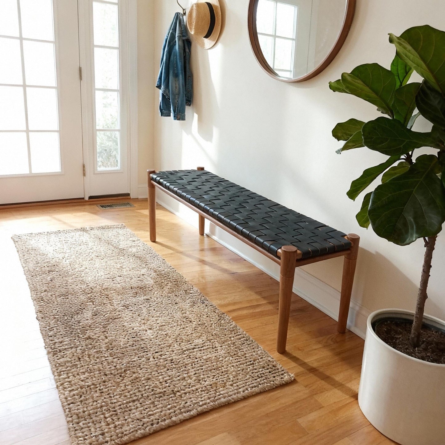 Solid Teak & Black Leather Bench for Entryway, End of Bed, Japandi Furniture