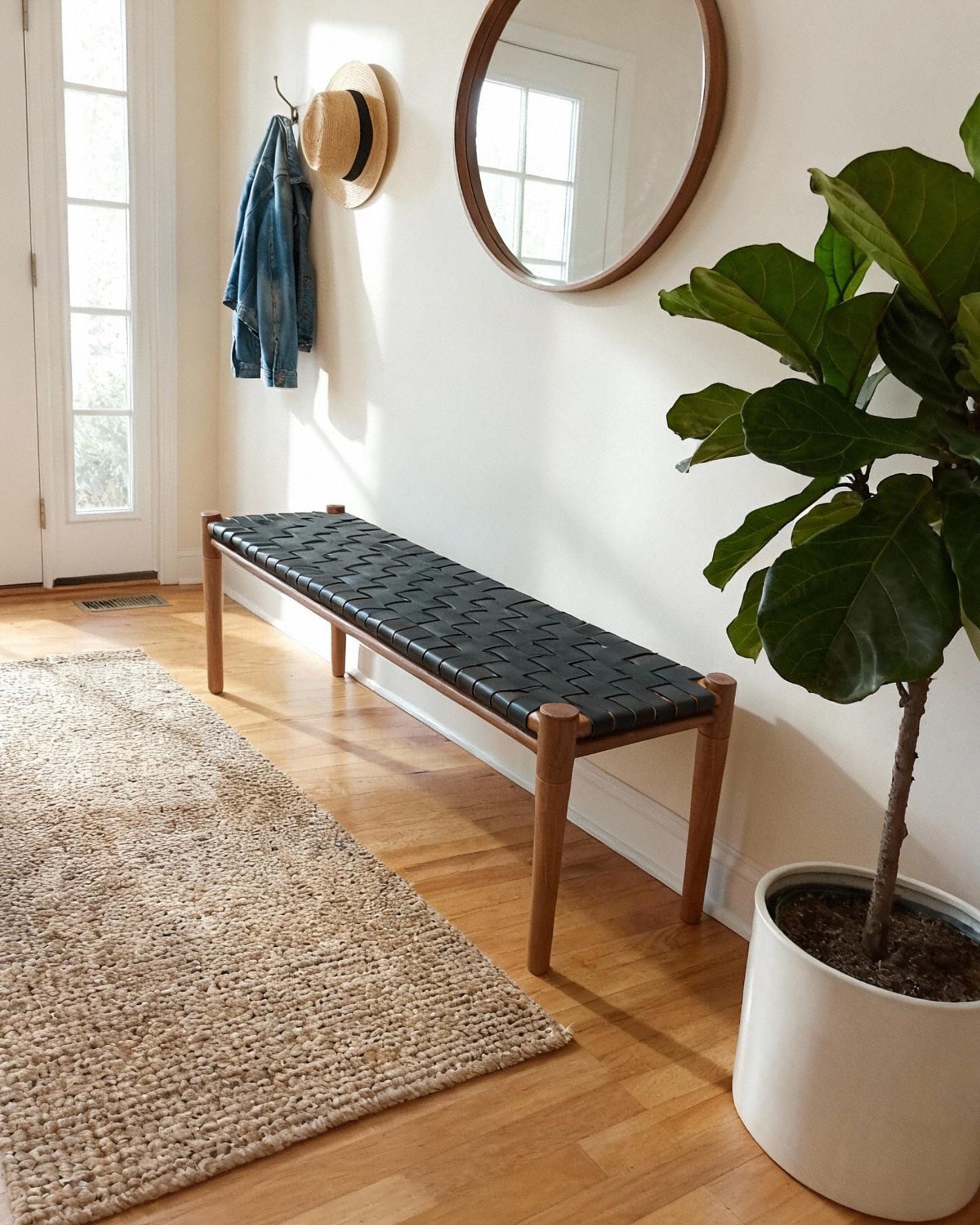 Solid Teak & Black Leather Bench for Entryway, End of Bed, Japandi Furniture