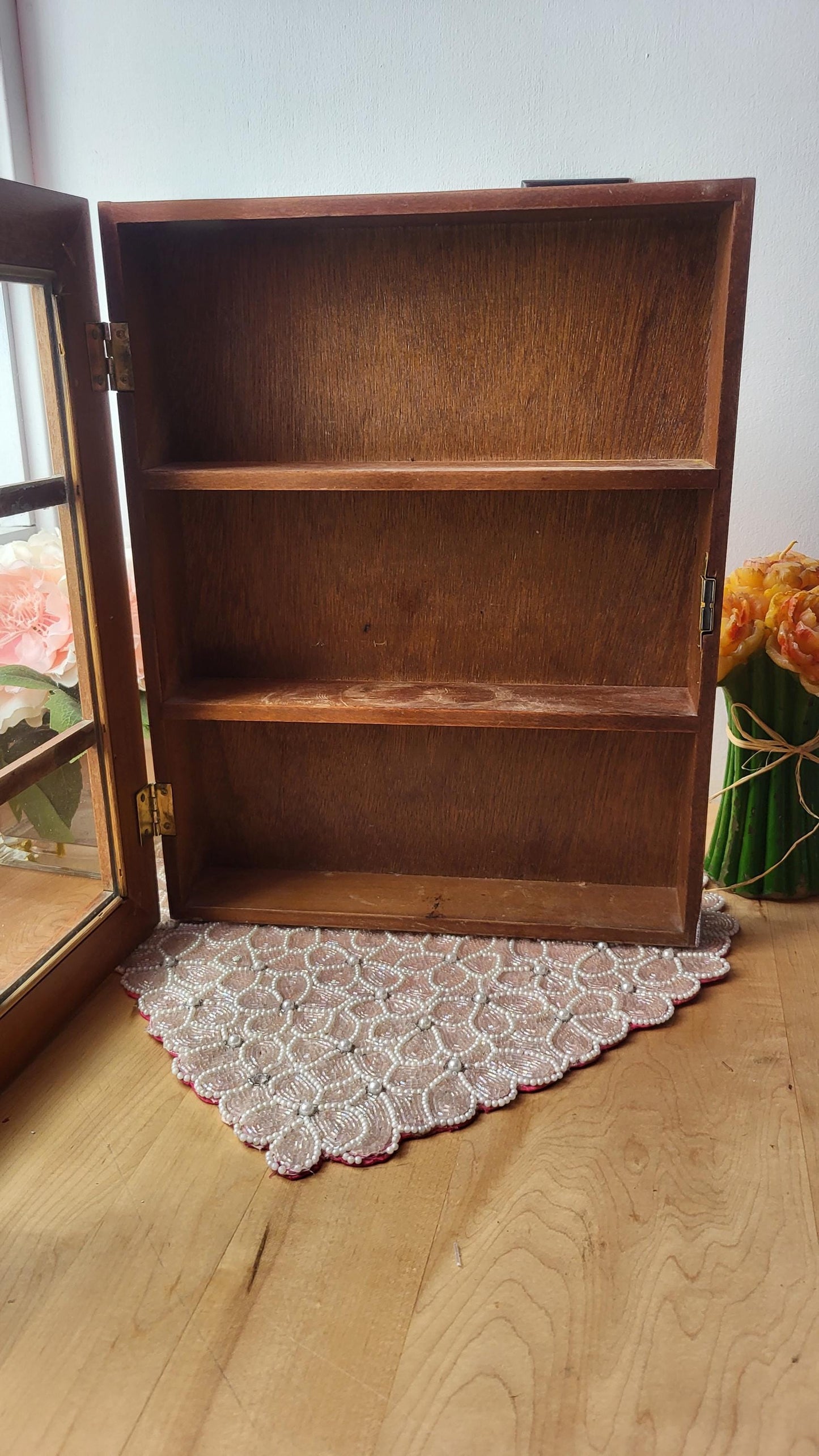 Vintage Display Case Shadow Box Mahogany Wood Curio Wall Display Cabinet Glass Door 1980s Spice Rack