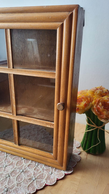 Vintage Display Case Shadow Box Mahogany Wood Curio Wall Display Cabinet Glass Door 1980s Spice Rack