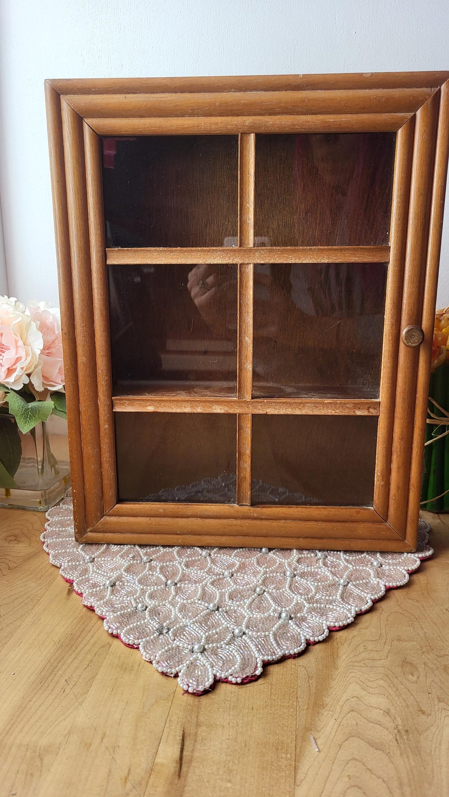 Vintage Display Case Shadow Box Mahogany Wood Curio Wall Display Cabinet Glass Door 1980s Spice Rack