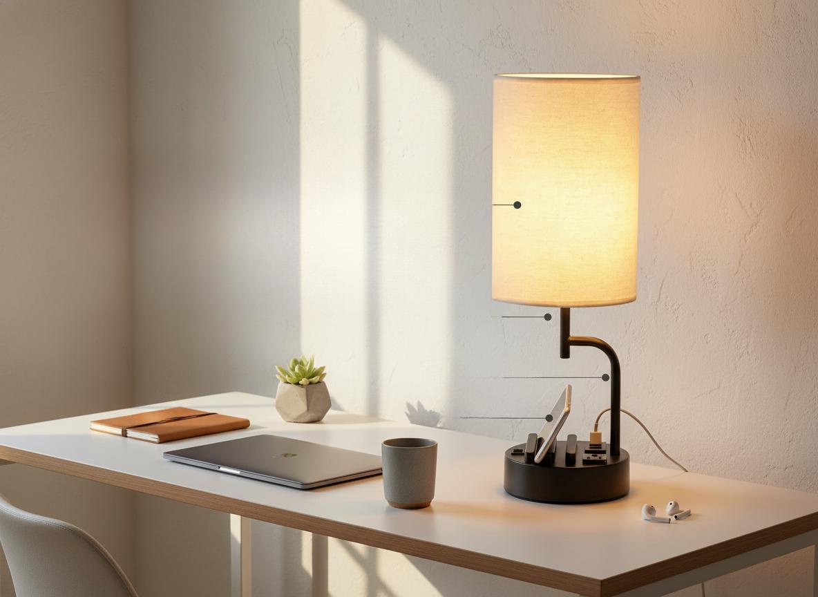Modern Bedside Table Lamp with USB Ports, AC Outlet & Phone Holders