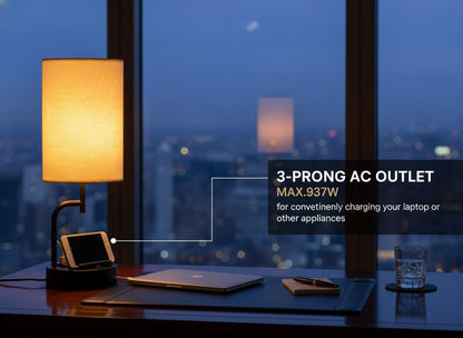 Modern Bedside Table Lamp with USB Ports, AC Outlet & Phone Holders