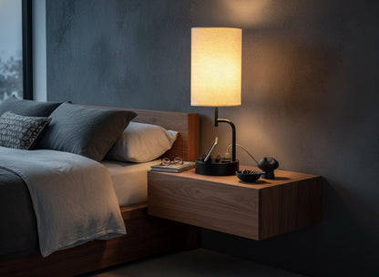 Modern Bedside Table Lamp with USB Ports, AC Outlet & Phone Holders