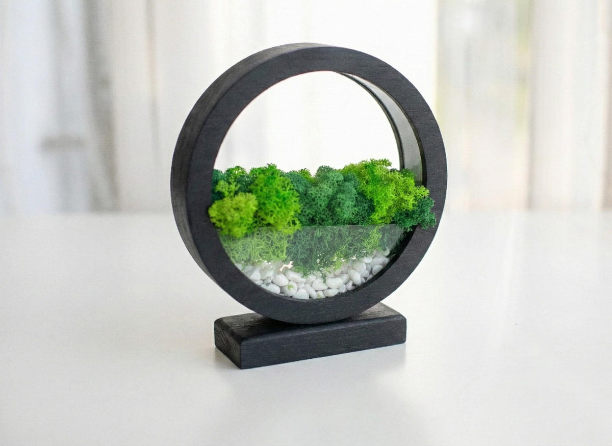 Round Wood Table Lamp with Preserved Moss |  Scandinavian Night Light | Biophilic Decor