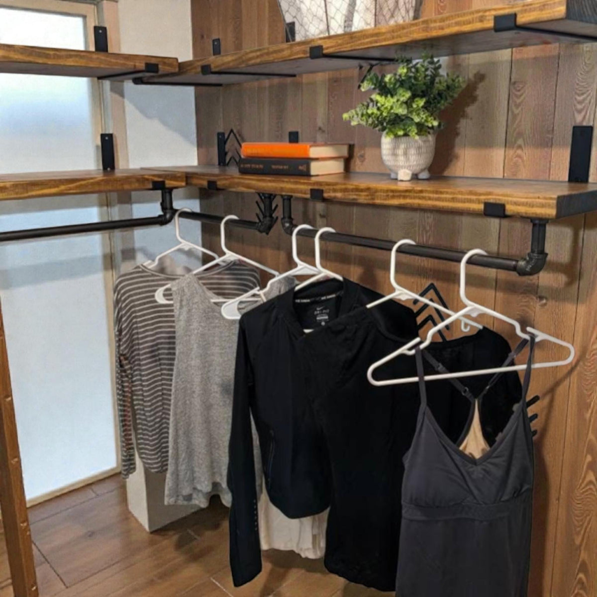 Industrial Pipe Clothes or Towel Bar with or without Solid Wood Shelf