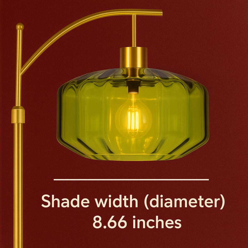Dimmable Mid Century Modern Standing Lamp - Gold base with Green Glass Shade - customizable