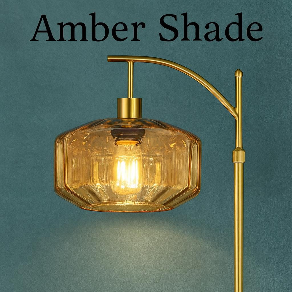 Dimmable Mid Century Modern Standing Lamp - Gold base with Green Glass Shade - customizable