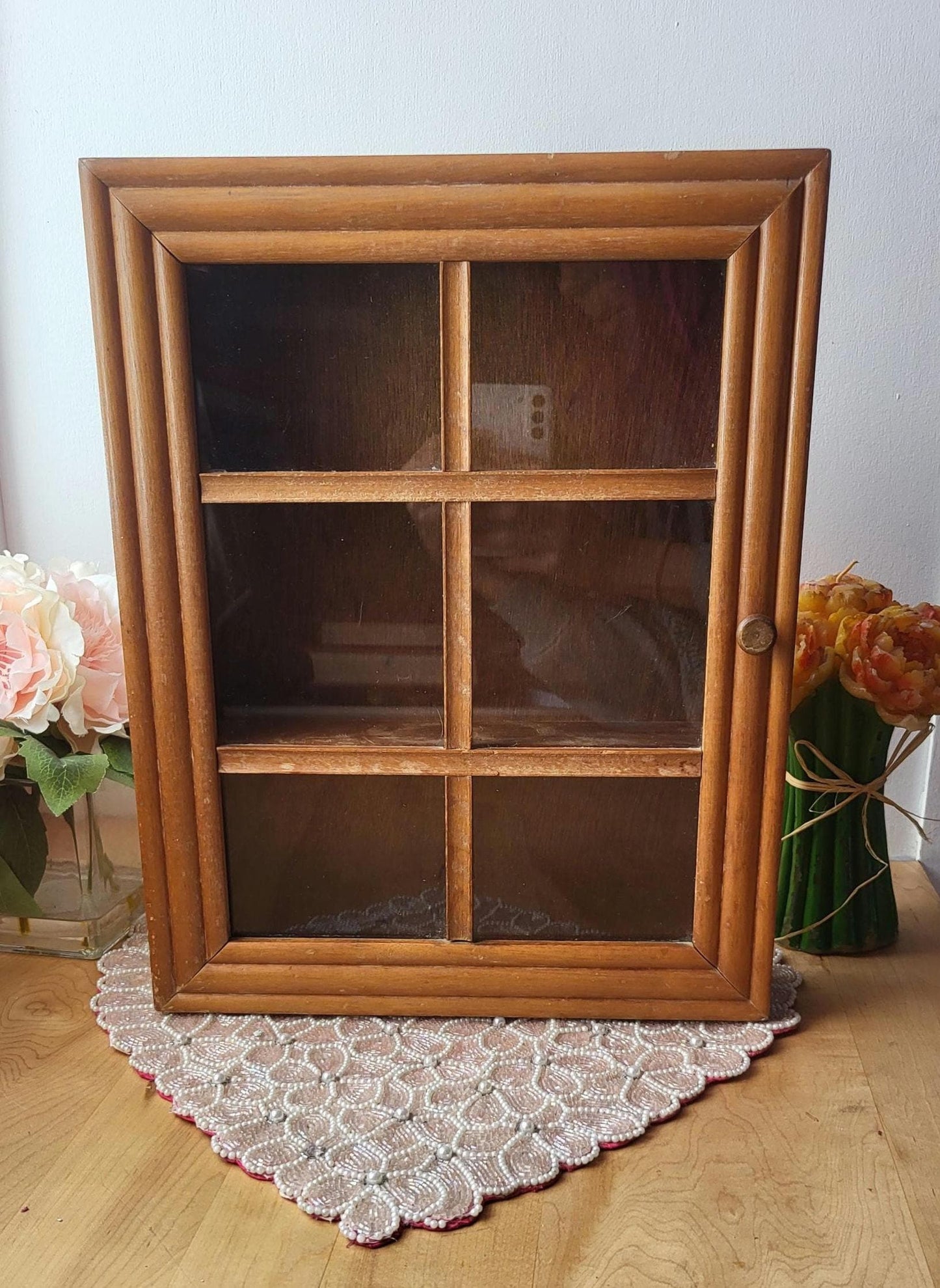 Vintage Display Case Shadow Box Mahogany Wood Curio Wall Display Cabinet Glass Door 1980s Spice Rack
