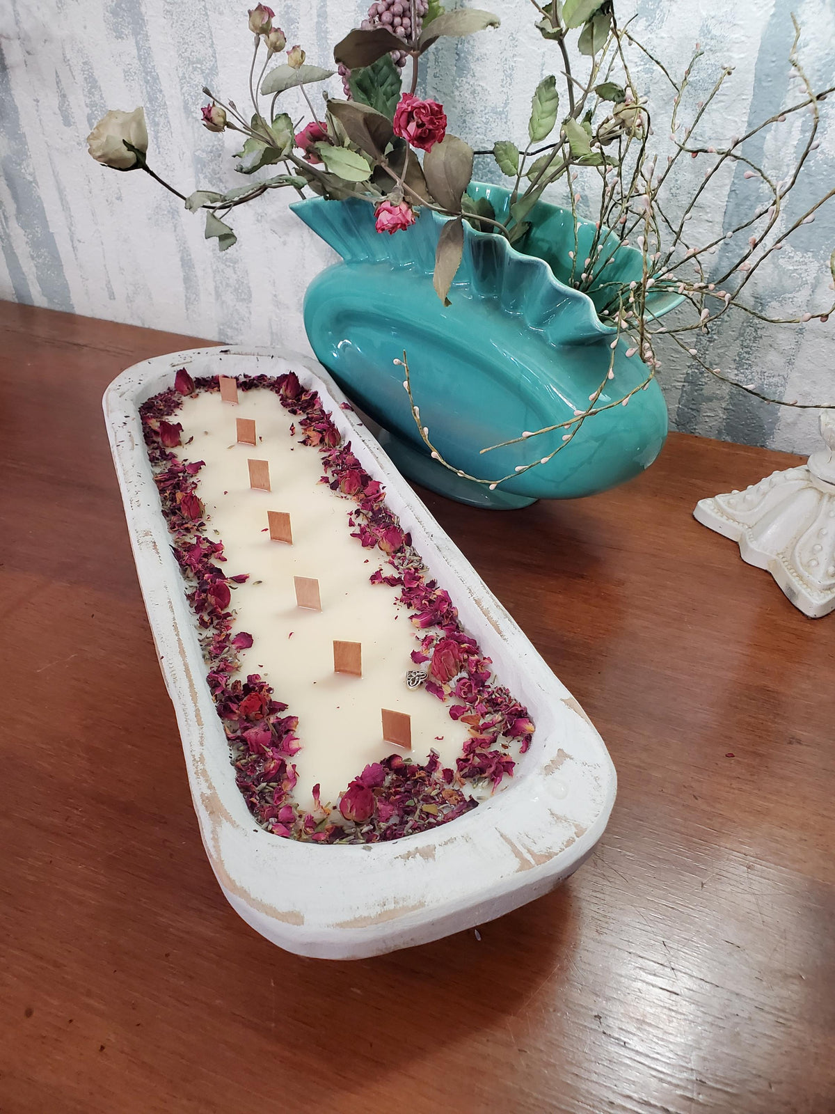 Floral Dough Bowl Large  ~ Coconut Soy Beeswax Natural Candle ~ Safe Scents Wood Wick Unique Centerpiece Gift