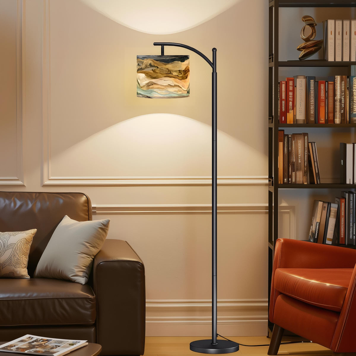 Modern Boho Arc Floor Lamp with Abstract Driftwood Shade, Artistic Coastal Style Standing Light