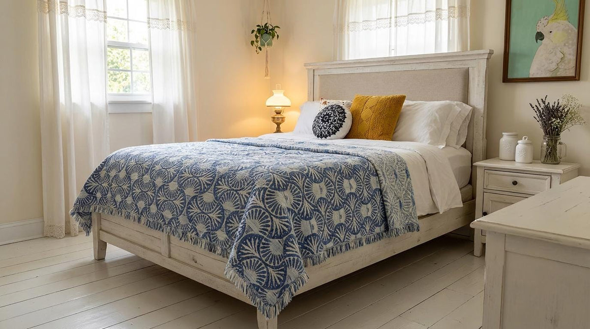 Blue Ginkgo Muslin Bed Blanket, 100% Turkish Cotton King Size Bedspread, Lightweight Reversible Gauze Blanket, Boho Bedding