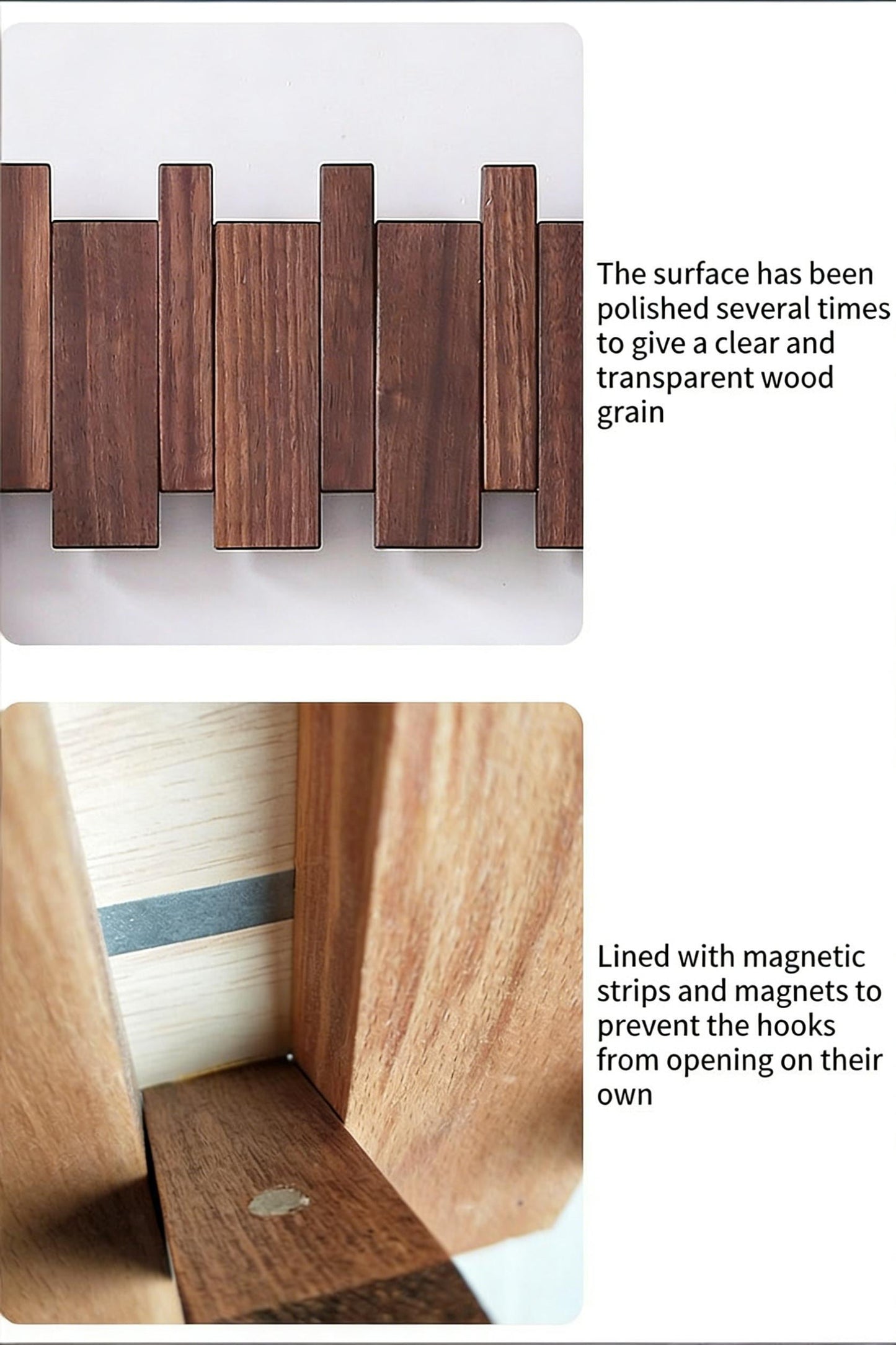 Solid Walnut Piano Key Wall Coat Rack with Magnetic Hooks