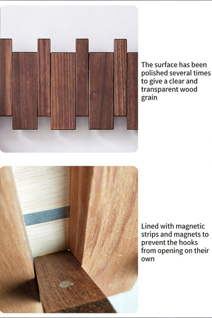 Solid Walnut Piano Key Wall Coat Rack with Magnetic Hooks