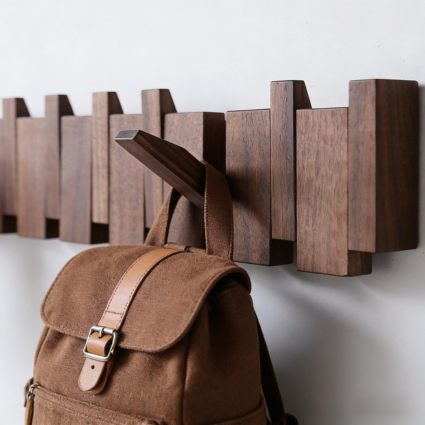 Solid Walnut Piano Key Wall Coat Rack with Magnetic Hooks